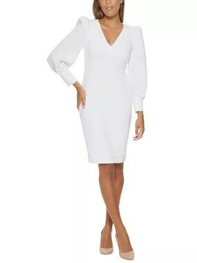 Calvin Klein Womens Size 16 Ivory Scuba Crepe V-Neck Long-Sleeve Sheath Dress
